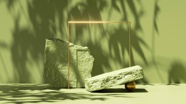 istock 3d render, abstract green background with tropical leaves shadows and bright sunlight. Minimal scene with cobblestone podium and golden square frame, showcase for organic cosmetic product presentation 1328499547