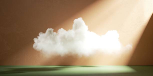 istock 3d render. White fluffy cloud levitates in empty room with green floor, isolated on peachy background. Modern minimal gallery concept 1328499554