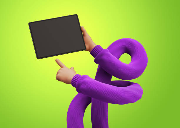 istock 3d render, cartoon character flexible tangled hands wearing purple sweater, hold blank graphic pad with blank screen. Wireless gadget, electronic device. Clip art isolated on green background 1328500155
