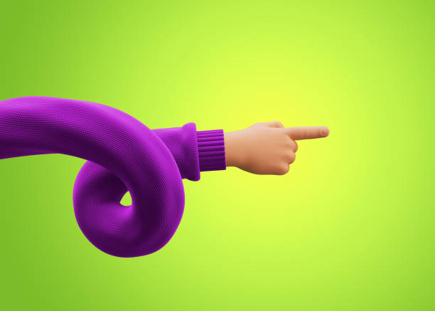 istock 3d render, cartoon character spiral hand wears purple sweater, points forward, pointing finger, shows direction. Funny clip art isolated on green fluorescent background 1328500163