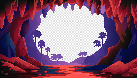 Cave in Jungle vector landscape. Cave landscape with an underground red river and forest. Vector illustration in flat cartoon style.