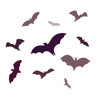 Flying bats, a group of cartoon cave bats isolated on white background. Vector illustration in flat cartoon style.