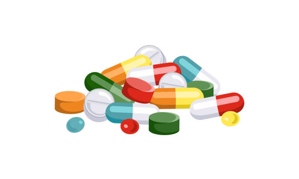Heap of pills and capsules isolated on a white background. Vector illustration of medical drugs in cartoon flat style. Heap of pills and capsules isolated on a white background. Vector illustration of medical drugs in cartoon flat style. nutritional supplement illustrations stock illustrations