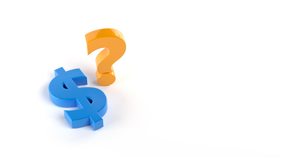 Blue_colored dollar sign and orange-colored question mark icon. On white-colored background. Horizontal composition with copy space. Isolated with clipping path