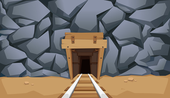 Gold mine with rails and wooden floors. Stone rock. Vector illustration.