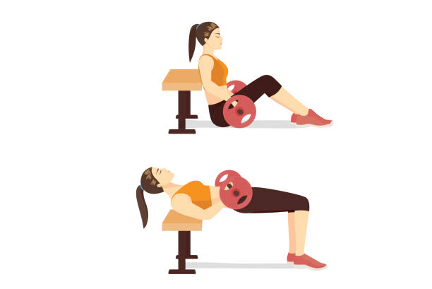 sport kobieta robi hip thrust z sztangą i ławką w 2 krokach. trening z sztangą wagi ciężkiej. - biodro stock illustrations