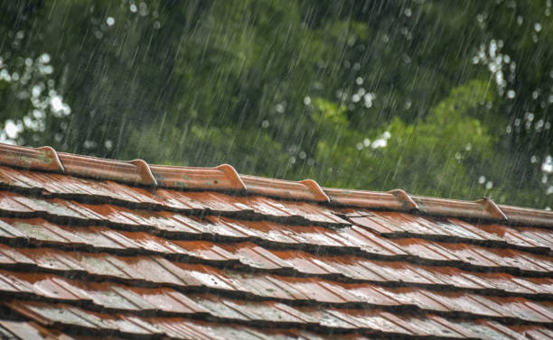 Heavy downpour over the tiled roof stock photo
