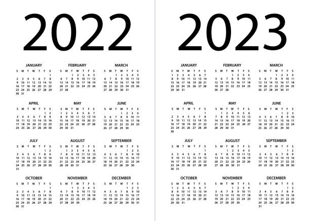 캘린더 2022 2023 - 벡터 일러스트레이션. 일요일부터 시작되는 주 - 달력 stock illustrations