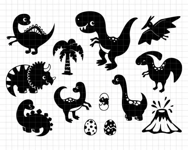 Vector illustration of Funny dinosaurs cartoon clip art. Silhouette vector flat illustration. Cutting file. Suitable for cutting software. Cricut, Silhouette