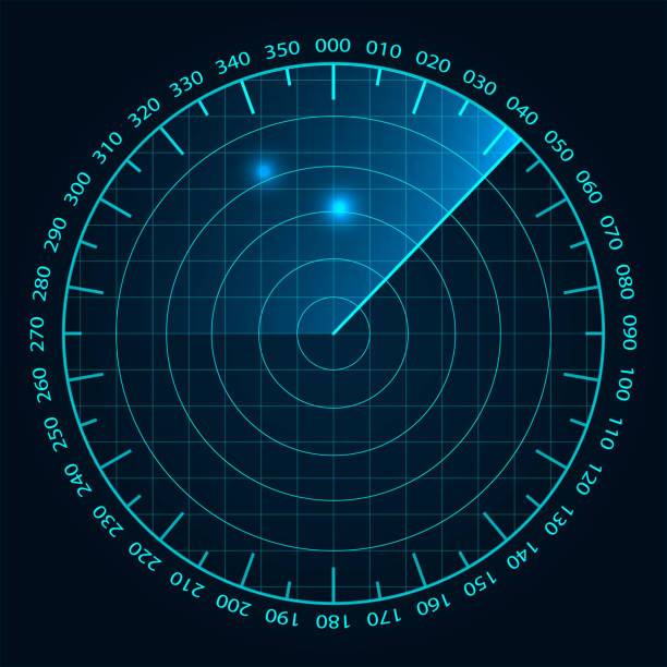 Blue radar screen. Military air search system. Vector HUD radar display. Futuristic interface radio detection. Blue radar screen. Military air search system. HUD radar display. Futuristic interface radio detection. Vector illustration. flight radar screen stock illustrations