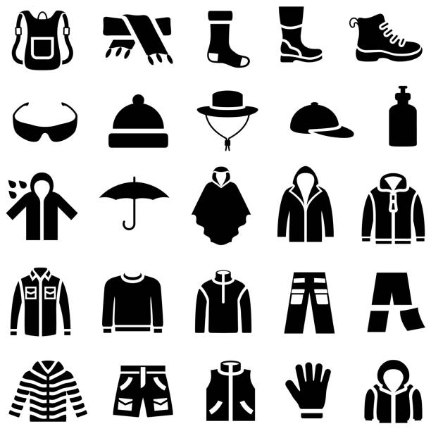 Outdoor Clothing Icons Single color isolated icons of outdoor clothing. coat jacket winter isolated stock illustrations