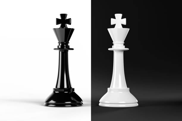 enfrentando dobras de xadrez isoladas em preto e branco fundo. ilustração 3d. - chess king chess chess piece black - fotografias e filmes do acervo