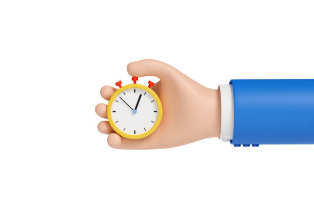 Cartoon hand with a stopwatch isolated on white background. 3d illustration. Cartoon hand with a stopwatch isolated on white background. 3d illustration. watch timepiece stock pictures, royalty-free photos & images