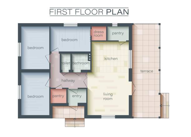 Architectural Technical Color Floor Plan. Colorful floor plan of a house. Three Bedrooms apartment architectural CAD drawing. Vector illustration Architectural Technical Color Floor Plan. Colorful floor plan of a house. Three Bedrooms apartment architectural CAD drawing. Vector illustration floor plan illustrations stock illustrations