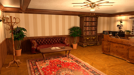 3D rendering of a vintage office interior