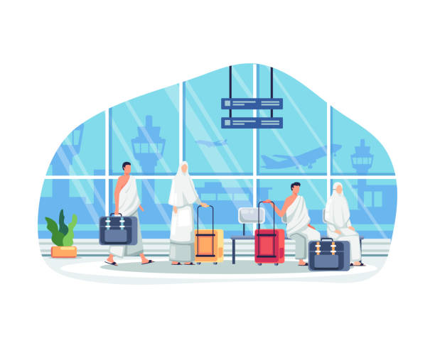 Islamic Pilgrims Waiting For Departure At Airport Islamic Pilgrims Waiting For Departure At Airport. Islamic pilgrims at airport waiting for pilgrimage trip to Mecca. Muslims people in hajj mabrur. Vector illustration in a flat style hajj stock illustrations