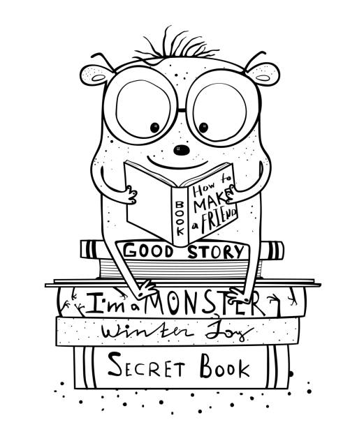 Reading Books Monster Character for Coloring Book Funny cute monster reading books and study, adorable monochrome reading imaginary creature character for kids activity coloring book. Black and white outline coloring page. black and white eyeglasses clip art stock illustrations