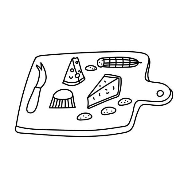 handgezeichnete doodle-skizzen-stil vektor-illustration set von verschiedenen käsesorten und holzkäsebrett mit messern und gabel. isoliert auf weißem hintergrund. - mascarpone cheese stock-grafiken, -clipart, -cartoons und -symbole