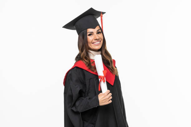 istock Graduate Woman Holding Certificate isolated on white background 1328525643