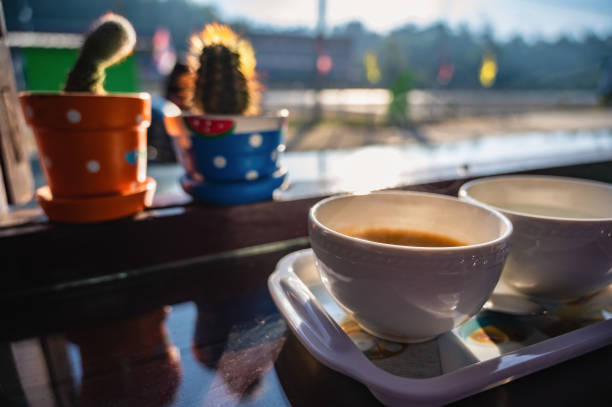 コヌトリーサイドカフェで、日光と小さなカンタスを使ったホットコーヒー。 - conutryside ストックフォトと画像