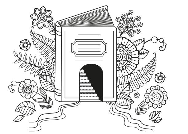 ilustrações de stock, clip art, desenhos animados e ícones de world book day. black and white coloring book page for adult. opened book. concept with book and doodle flowers. - book open vector page