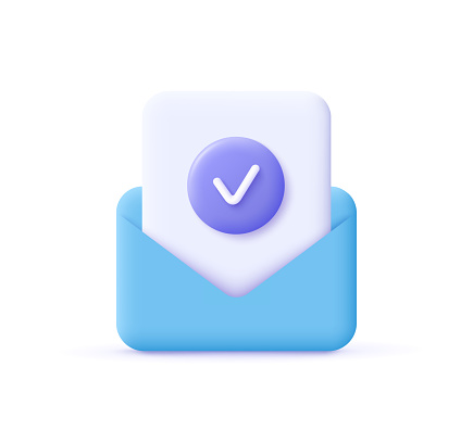 Check mark icon. Approvement concept. Document and Ð·ostal envelope. 3d realistic vector illustration.
