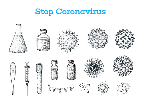 Coronavirus vaccine vector set. Corona virus. Coronavirus 2019-nCoV. Illustrations with syringe injection tools, vaccine bottle, and different viruses. Vintage medical sketches