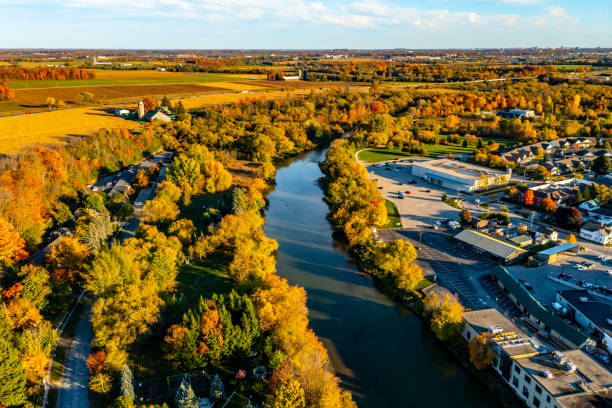istock Aerial Railway Bridge and Conestogo River at dusk, St. Jacobs, Canada 1328528288
