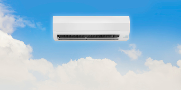 Air conditioner on blue sky. fresh air and good environment.