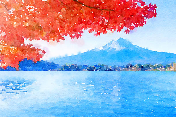 일본의 후지산 랜드마크의 아름다운 수채화 풍경. - volcano lake blue sky autumn stock illustrations