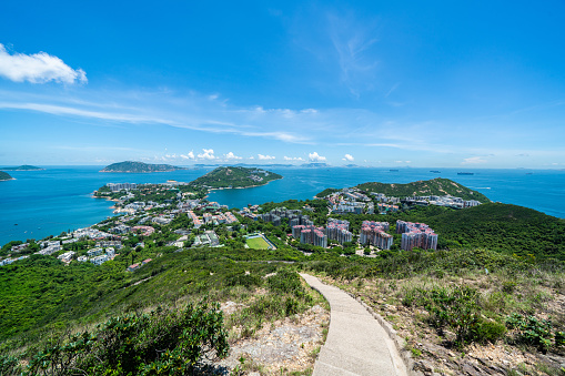 View over the Stanley town from the Wilson hiking trail in the hills in the south of Hong Kong island in China.