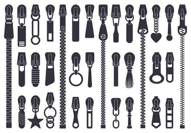 Zipper fasteners. Clothing zipper pullers silhouettes, closed zipper lock, slide fasteners isolated vector illustration set. Sewing zipper elements Zipper fasteners. Clothing zipper pullers silhouettes, closed zipper lock, slide fasteners isolated vector illustration set. Sewing zipper elements. Dresses and bags various accessories zipper stock illustrations