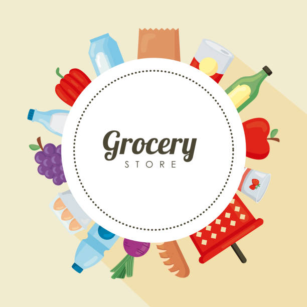 groceries in circular frame groceries in circular frame around supermarket borders stock illustrations