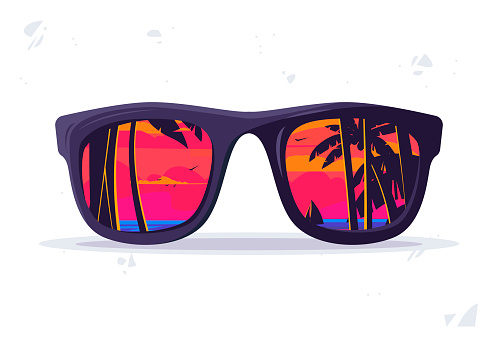Vector illustration of sunglasses, sunset reflection on the beach with palm trees in glasses