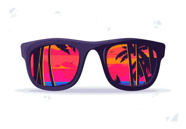 Vector illustration of Vector illustration of sunglasses, sunset reflection on the beach with palm trees in glasses
