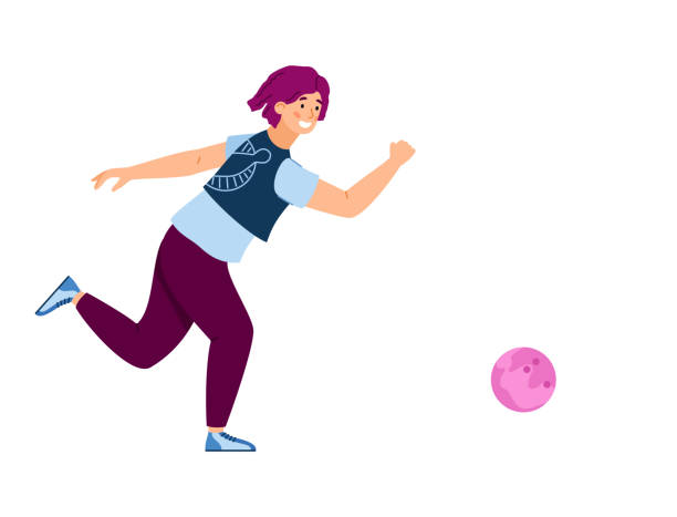 ilustrações, clipart, desenhos animados e ícones de jogadora de boliche jogando uma bola, ilustração de vetor plano isolada. - bowling holding bowling ball hobbies