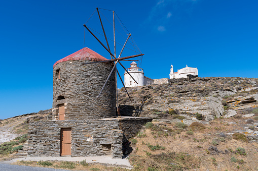 Windmill near Isternia village in Tinos island, Greece