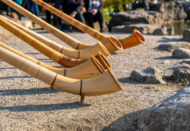 The musical instrument alphorn or alpenhorn or alpine horn is a labrophone, consisting of a straight several meter long wooden natural horn of conical bore, with a wooden cup shaped mouthpiece.