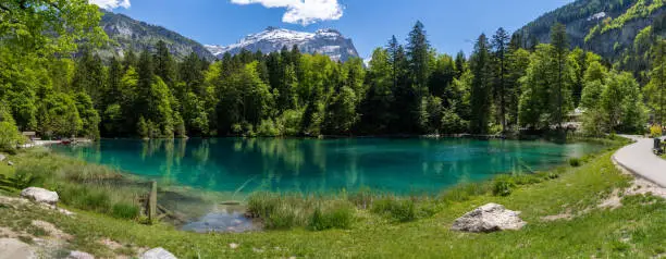 Panorama of the scenic mountain lake Blausee - Blue lake, located in the Kander valley above Kandergrund in the Jungfrau region, Switzerland.