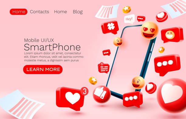 Message with many icons, chat for communication of people, landing page. Vector Message with many icons, chat for communication of people, landing page. Vector illustration heart emoji phone stock illustrations