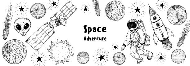 Hand drawn space vector illustration. Planets, rocket, satellite, cosmonaut illustration. Space elements. Hand drawn sketch. Hand drawn space vector illustration. Planets, rocket, satellite, cosmonaut illustration. Space elements. Hand drawn sketch astronaut drawings stock illustrations