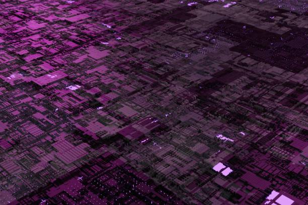 istock Futuristic circuit board background. Abstract illustration in 3d. Motherboard system chip with neon-glow elements. The internet and computer technology concept 1328547888