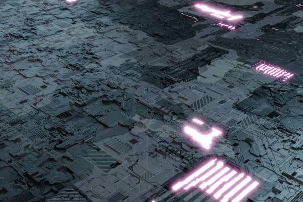 istock Abstract and futuristic surface with neon glowing elements. The hull of a spaceship with a geometric scheme pattern. Concept for 3D rendering based on science fiction technology 1328547934