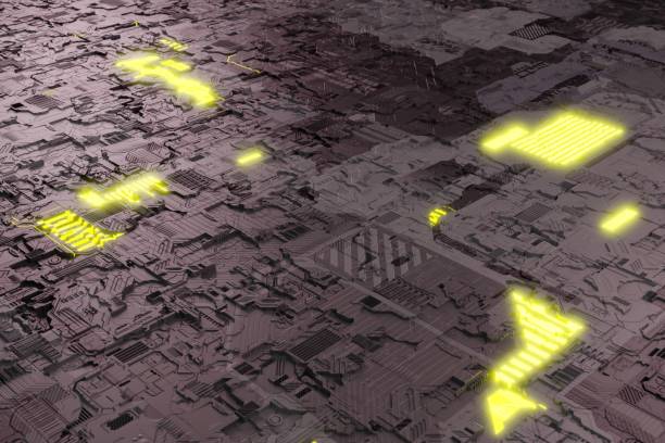 The motherboard system chip has neon-glow elements. A futuristic circuit board serves as the background. The internet and computer technology concepts. 3D rendering of an illustration