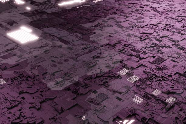 istock Neon-glow elements on the motherboard system chip. Background with a futuristic circuit board. The concept of computer technology and the internet. Illustration in 3D render 1328548046