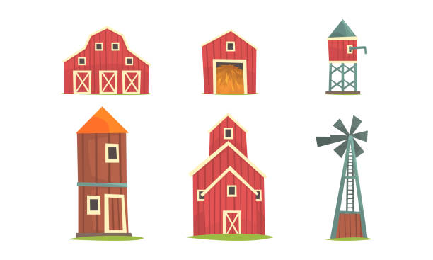 Farm Building and Construction with Timbered Red Barn and Water Tower Vector Set Farm Building and Construction with Timbered Red Barn and Water Tower Vector Set. Agricultural Industry and Countryside Object Concept red barn house stock illustrations