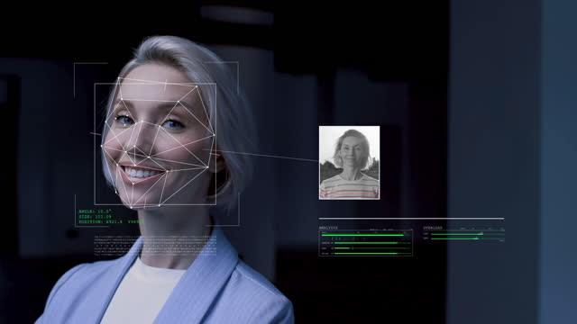 Technology Using Facial Recognition Biometrics Person Concept. Portrait Face Id. Adult Beautiful Female Hi-tech 3d Detection Iris. Modern Scanned Cyber Security Protection People UI Close-up Shot 4k