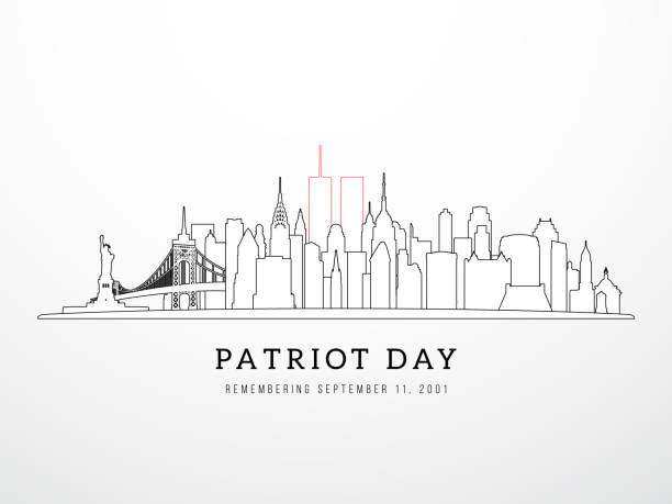 patriot day 9-11 banner. blick auf die skyline von new york am 11. september 2001. nyc im linearen stil. poster, karte, banner und hintergrund. stock vector illustration. - twin towers manhattan stock-grafiken, -clipart, -cartoons und -symbole