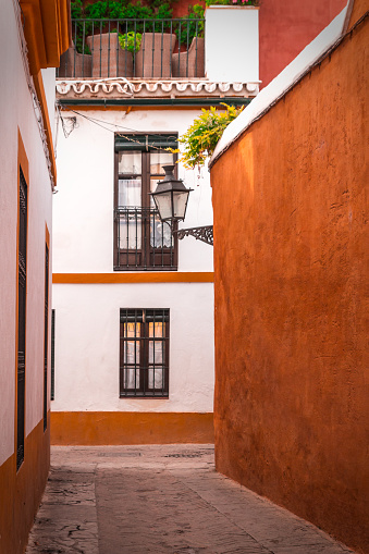 A narrow alleys of Santa Cruz -Seville's old Jewish quarter on a sunny morning.