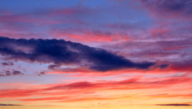 istock Bright colored sunset sky with clouds. Colorful abstract natural landscape. Sunny sunrise. Yellow, pink, blue and purple shades. Cloudscape. Weather forecast. Golden hour. Banner. Twilings time. Air 1328556472